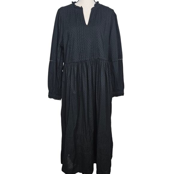 J.Crew Factory Long Sleeve Eyelet Dress Sz Large Black Boho Cottagecore Smocked - Picture 1 of 15